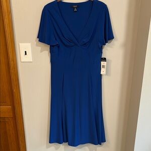 Chaps Royal Blue Ruched V-Neck Flutter Sleeve Fit & Flare Midi Dress NWT